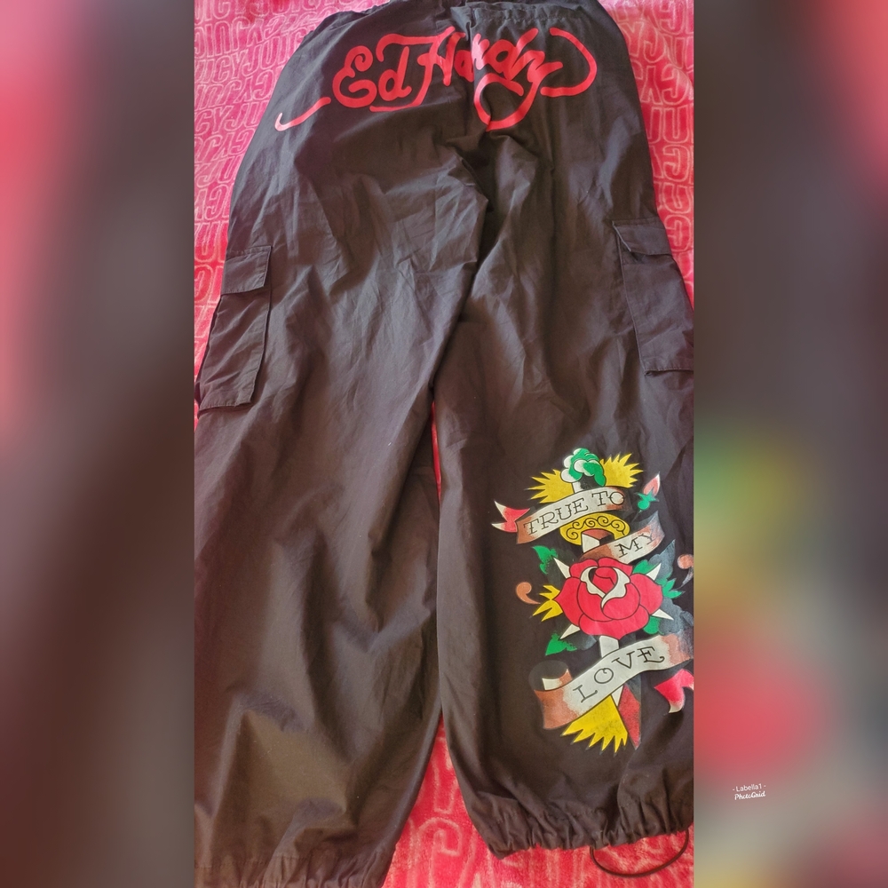 Ed Hardy Black Cargo Pants with Colorful Tattoo Design
